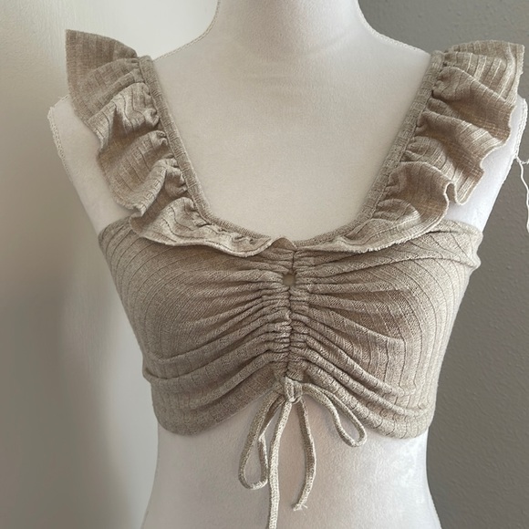 Zara Tops - ZARA Ruched Ruffled Ribbed Crop Top Color Beige Cream Size S TRAFALUC
